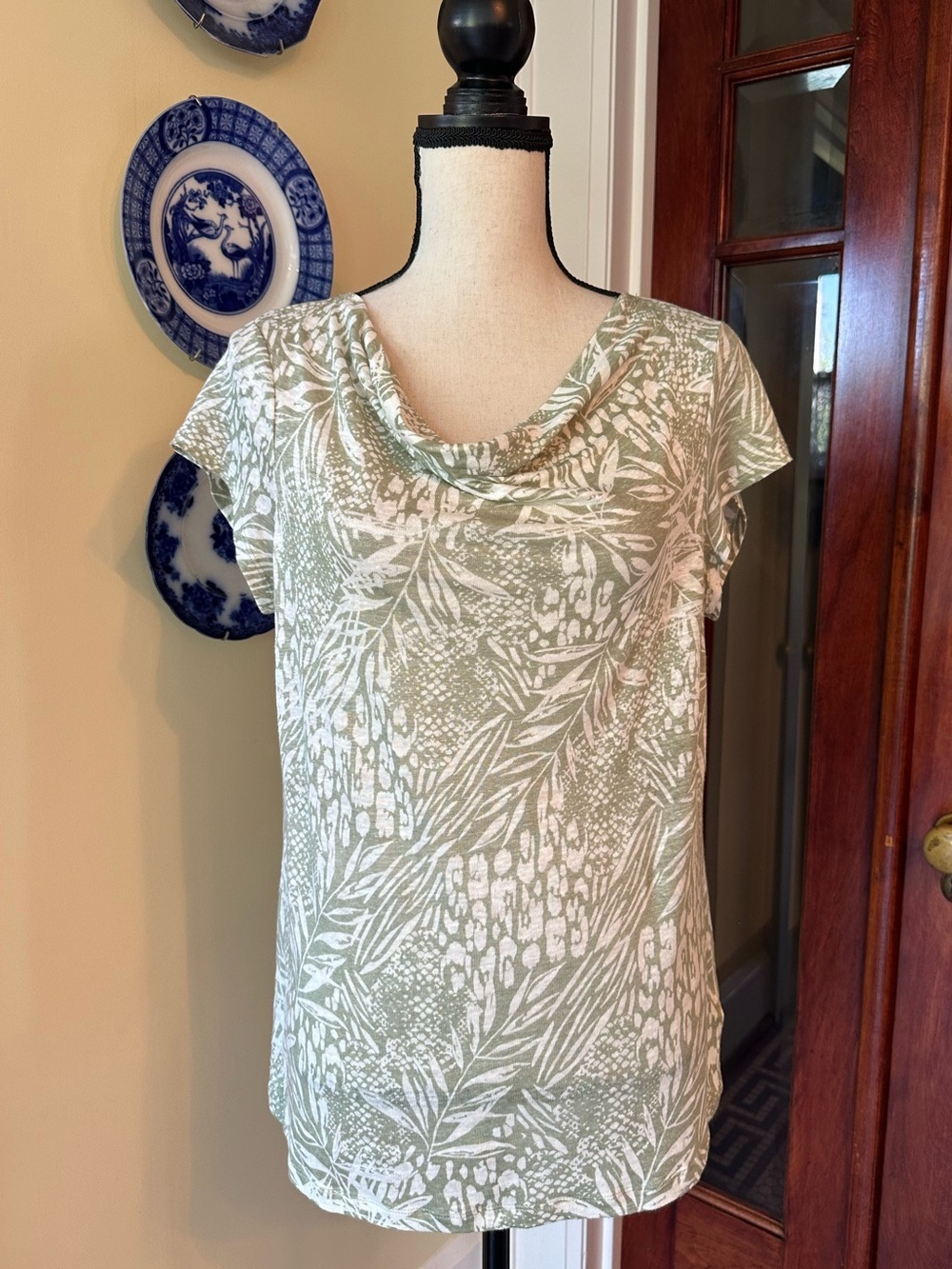 Christian Siriano | 100% Linen Cowl Neck Blouse Sage Green Tropical Print, L